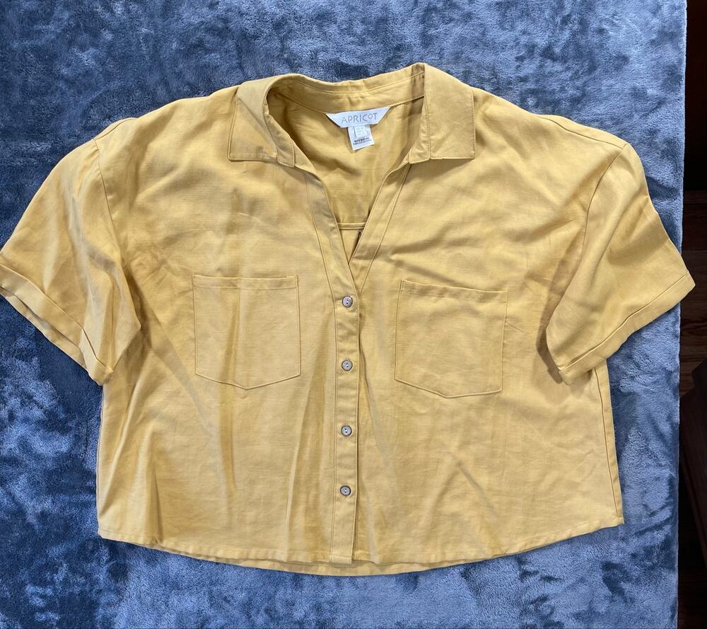 Apricot Mustard Yellow Button Up Utility Blouse Shirt Pocket US 10 UK 14 NWOT